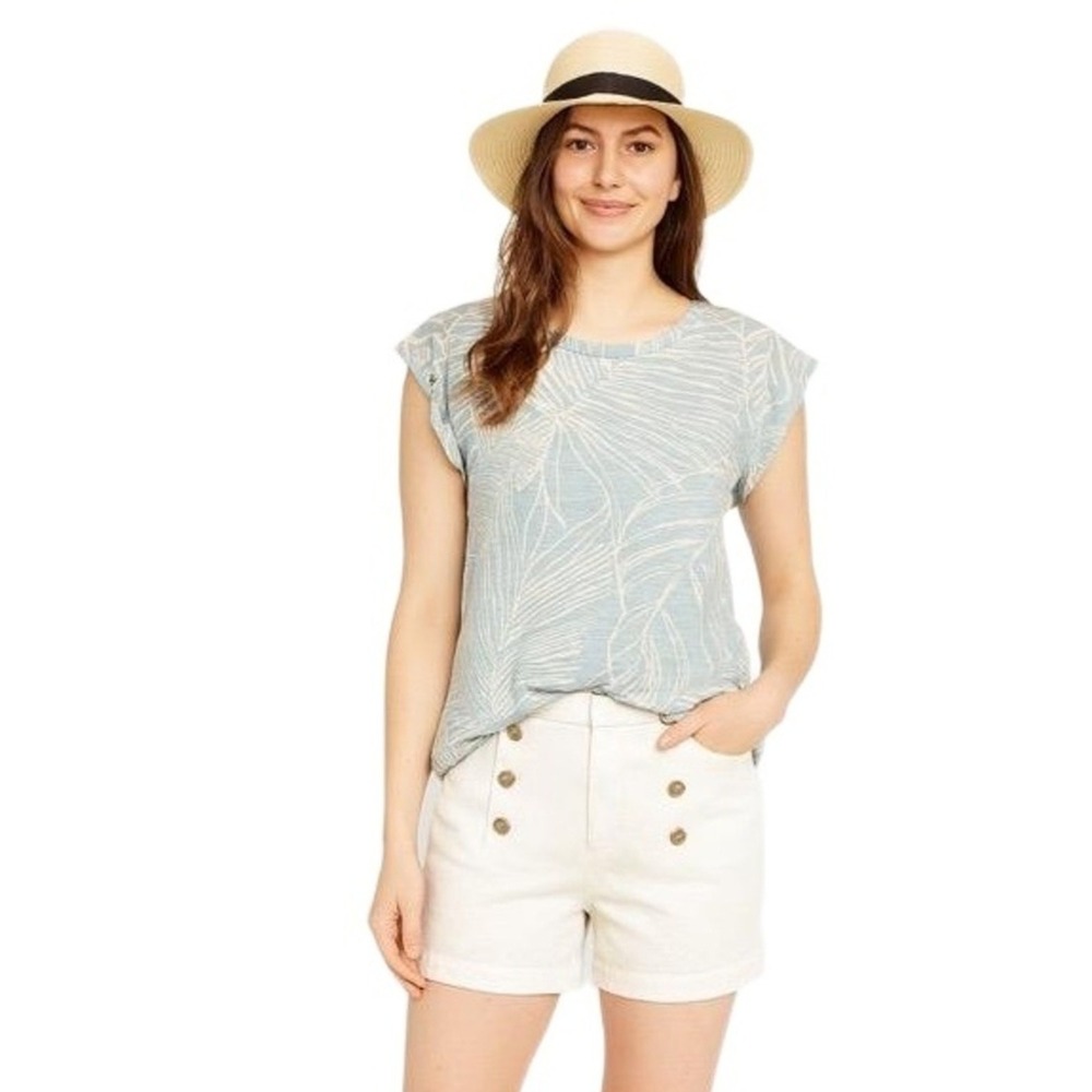 LOVE‎ SCARLETT Blouse Womens Large Green Cap Sleeves Leaf Pattern Crew Neck